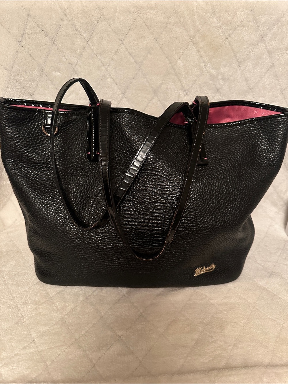 Black Pebbled Tote with Pink Lining -